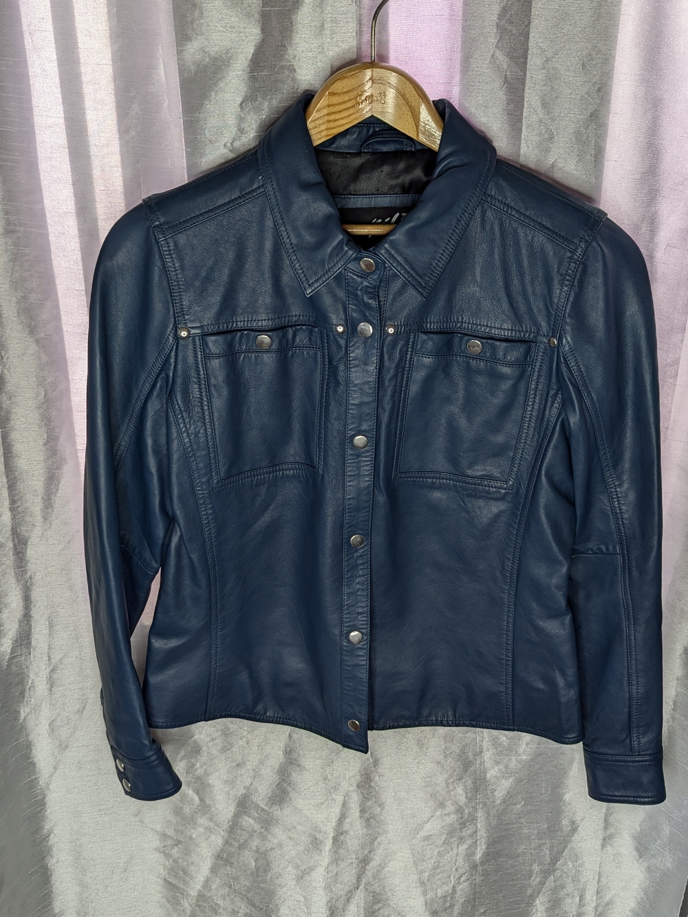 jilD Women's Blue Leather Short Button Front Collared Lined Jacket Pockets L